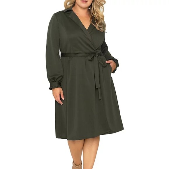 Standards & Practices Army Green Stretch Long Sleeve Utility Wrap Shirt Dress 3X - Picture 1 of 14